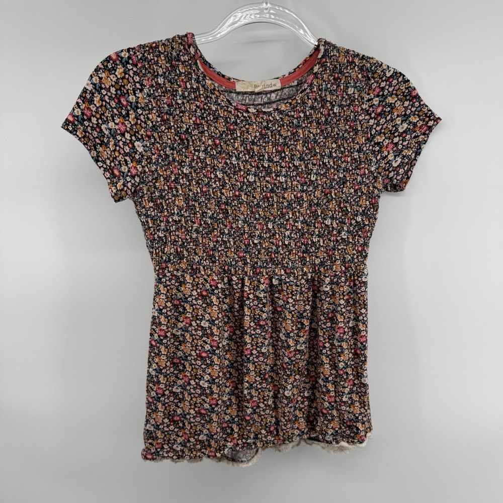 Rewind Smocked Floral Print Short Sleeve Top Women's‎ XS Black Pink Yellow